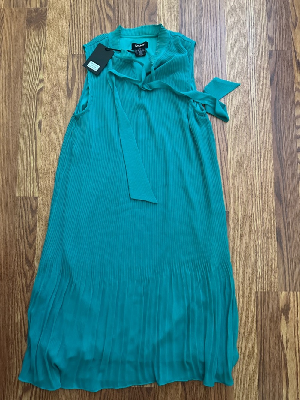 DKNY Teal Sleeveless Pleated Tie-Neck Maxi Dress